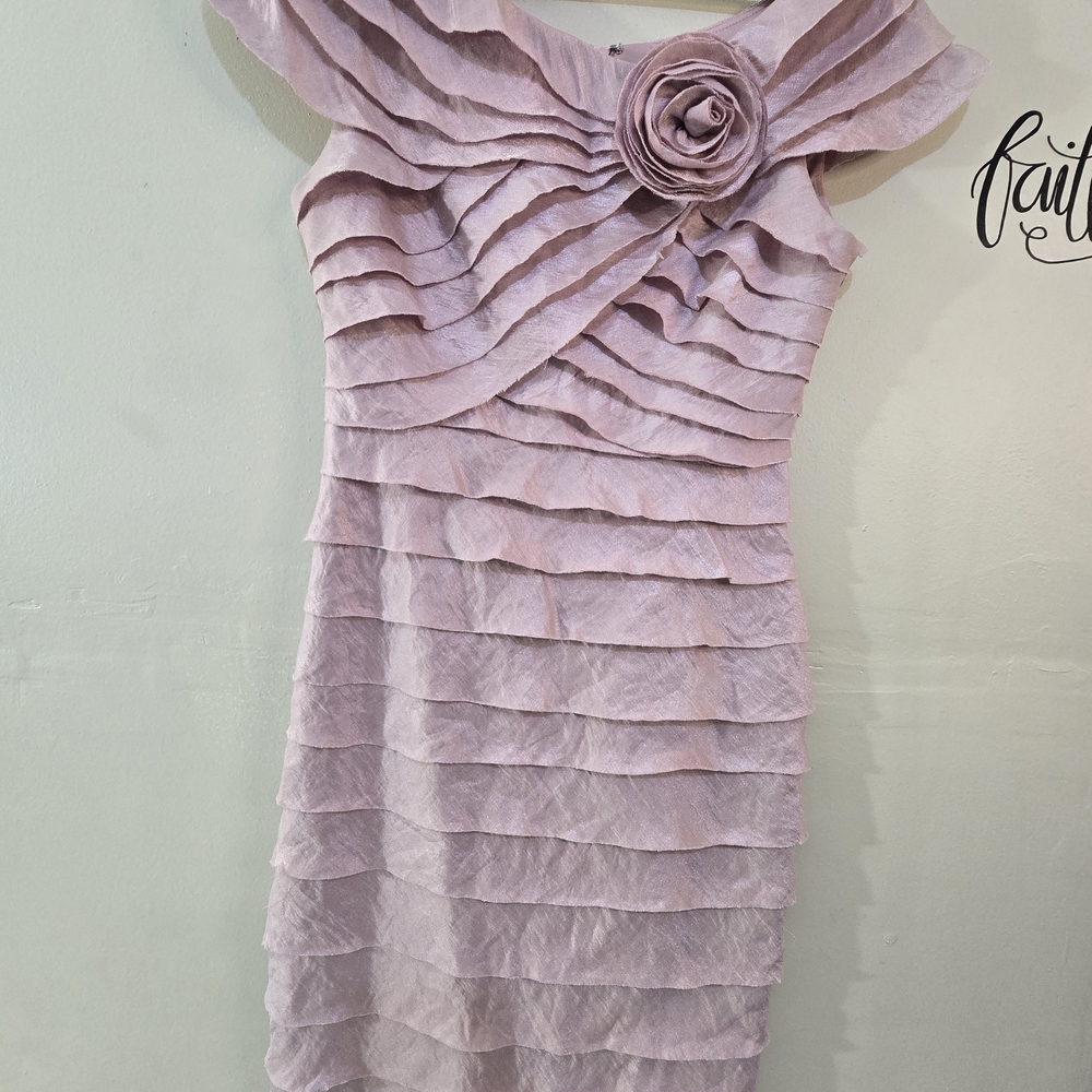 Blush Pink Ruffle Dress with Rosette Detail – Size 4 – Romantic Occasion Dress
B